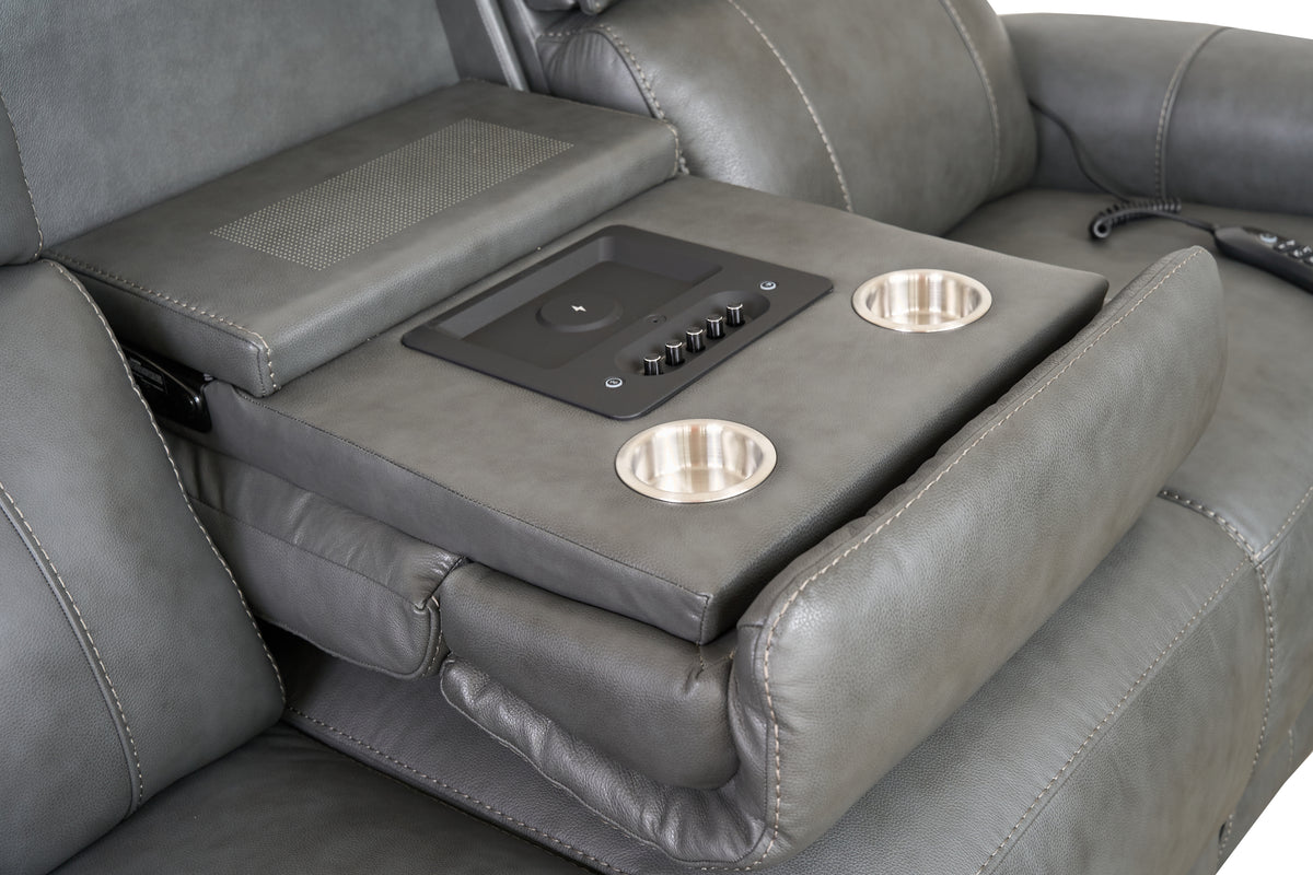 Allegro Dark Grey Leather Dual Power Sofa with Drop Down Table and Immersive Sound