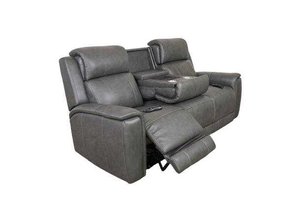 Allegro Dark Grey Leather Dual Power Sofa with Drop Down Table and Immersive Sound