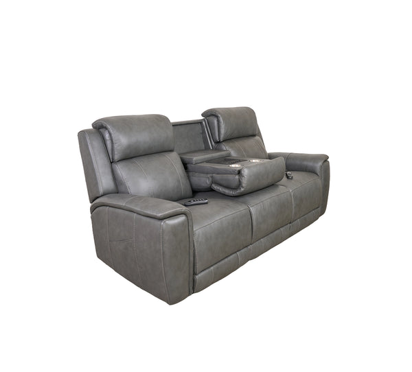 Allegro Dark Grey Leather Dual Power Sofa with Drop Down Table and Immersive Sound