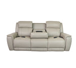Allegro Light Grey Leather Dual Power Sofa with Drop Down Table and Immersive Sound