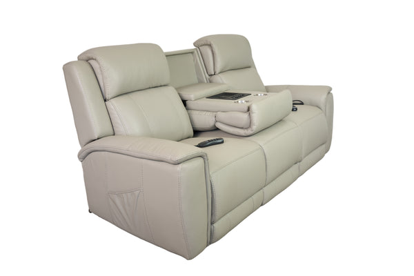 Allegro Light Grey Leather Dual Power Sofa with Drop Down Table and Immersive Sound