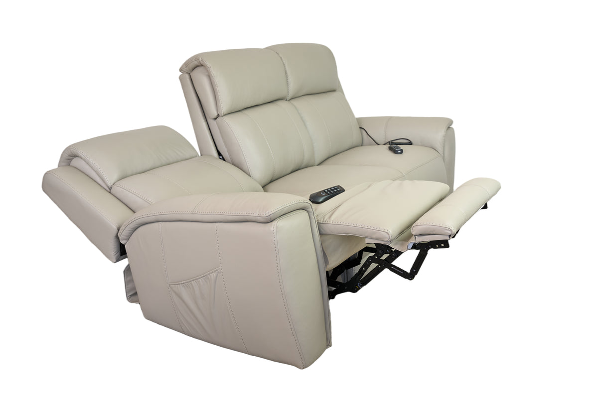 Allegro Light Grey Leather Dual Power Sofa with Drop Down Table and Immersive Sound