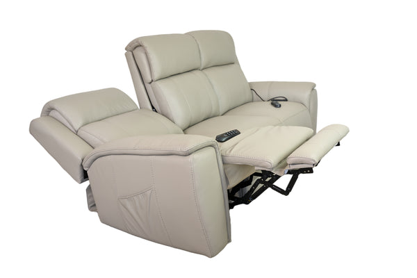 Allegro Light Grey Leather Dual Power Sofa with Drop Down Table and Immersive Sound