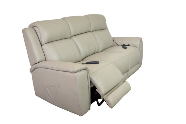Allegro Light Grey Leather Dual Power Sofa with Drop Down Table and Immersive Sound