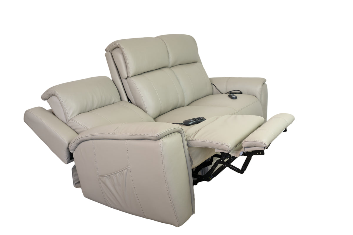 Allegro Light Grey Leather Dual Power Sofa with Drop Down Table and Immersive Sound