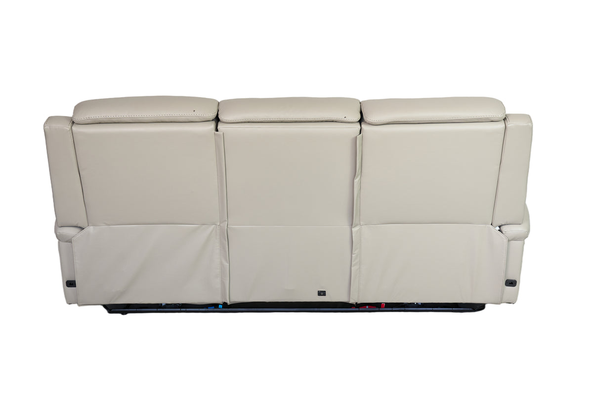 Allegro Light Grey Leather Dual Power Sofa with Drop Down Table and Immersive Sound