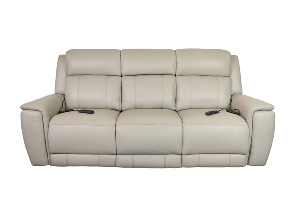 Allegro Light Grey Leather Dual Power Sofa with Drop Down Table and Immersive Sound