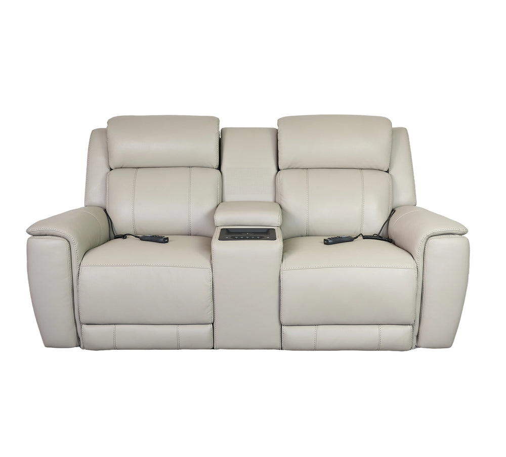 Allegro Light Grey Leather Dual Power Console Loveseat with Immersive Sound