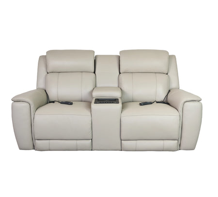 Allegro Light Grey Leather Dual Power Console Loveseat with Immersive Sound
