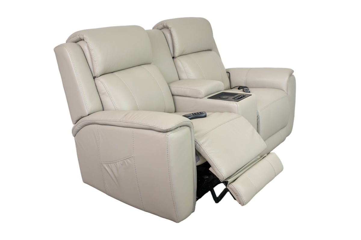 Allegro Light Grey Leather Dual Power Console Loveseat with Immersive Sound