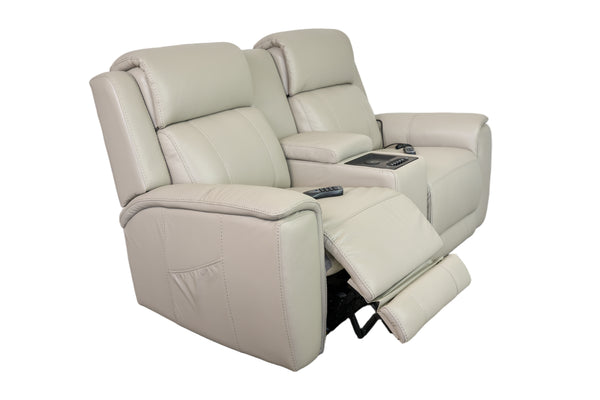 Allegro Light Grey Leather Dual Power Console Loveseat with Immersive Sound