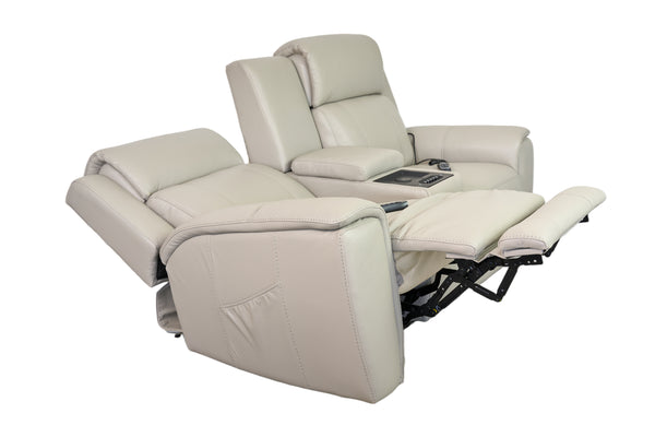 Allegro Light Grey Leather Dual Power Console Loveseat with Immersive Sound