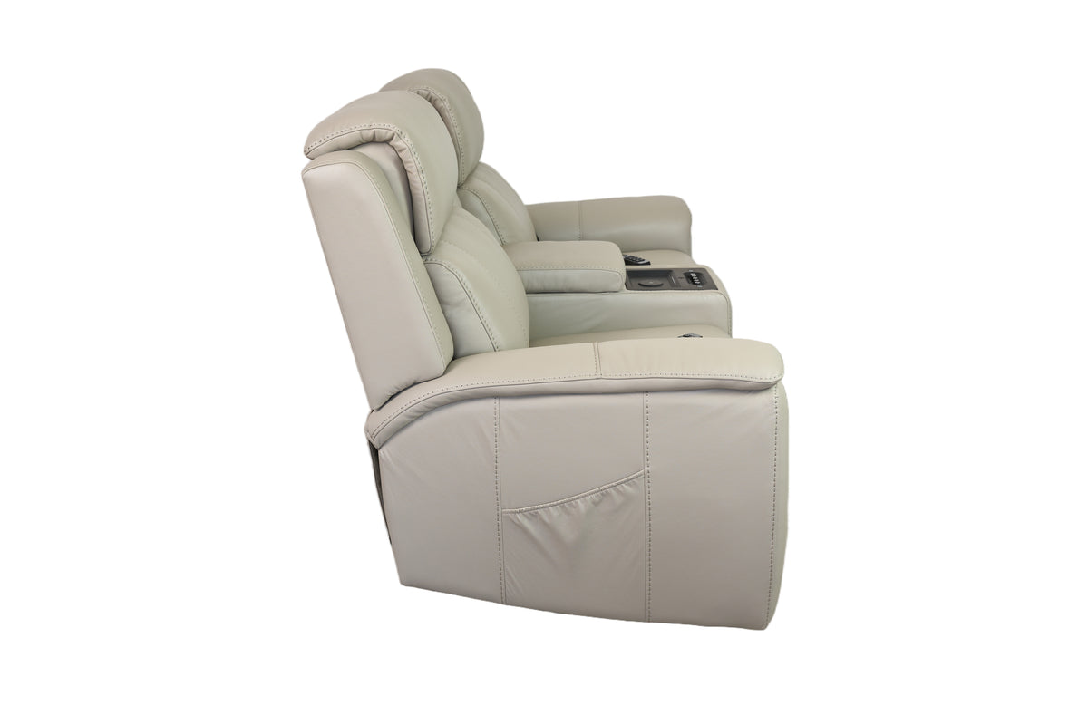 Allegro Light Grey Leather Dual Power Console Loveseat with Immersive Sound