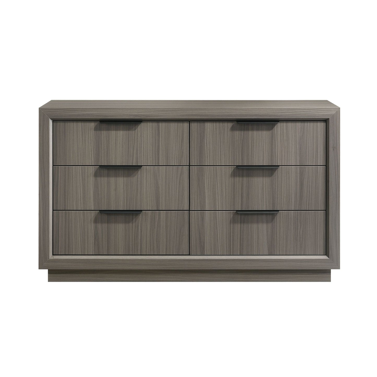 Gray dresser with six drawers on a white background