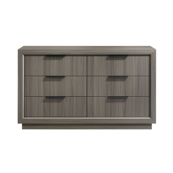 Gray dresser with six drawers on a white background