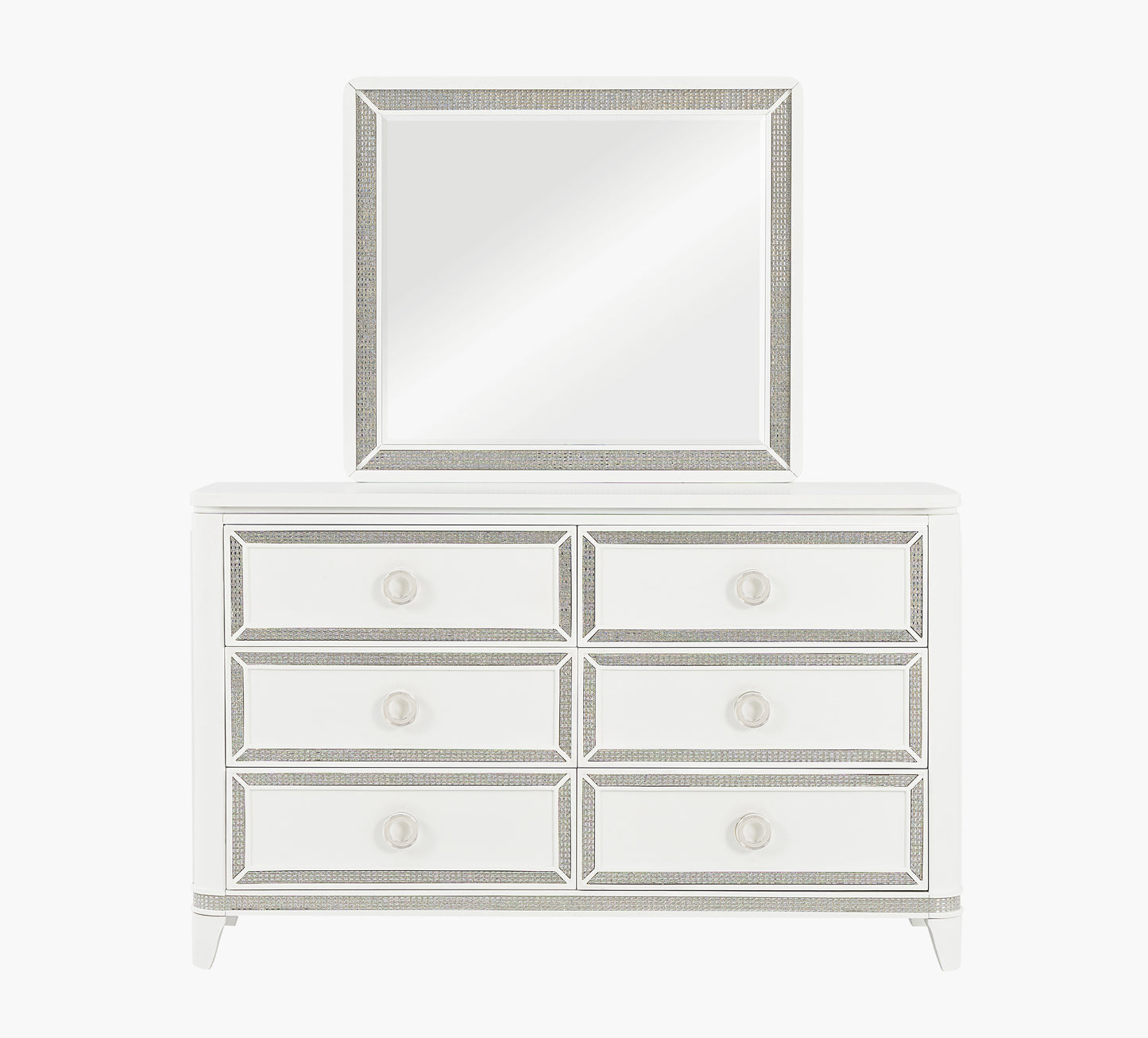 White dresser with silver trim and matching mirror on a white background