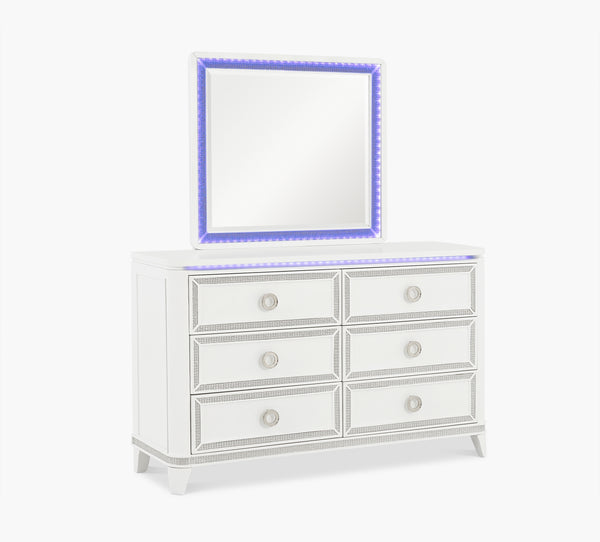White dresser with a mirror featuring blue LED lighting on a white background