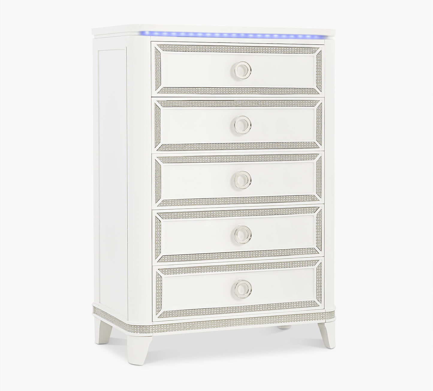 White dresser with silver embellishments on a white background