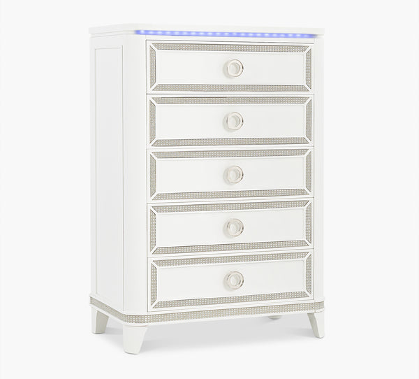 White dresser with silver embellishments on a white background