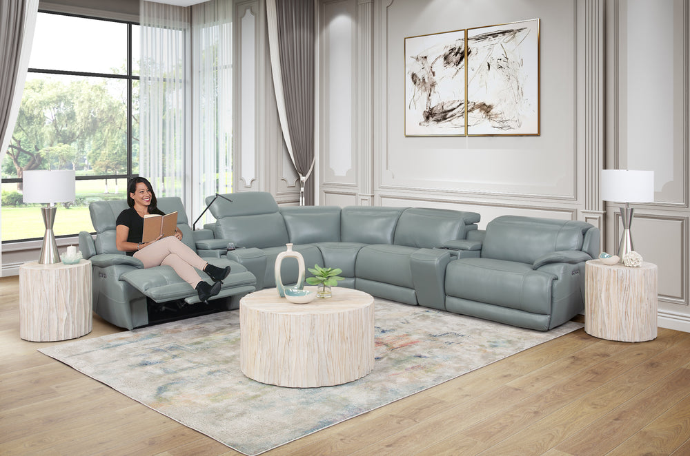 Seccional reclinable eléctrico dual de cuero Hawkins Green de 7 piezas