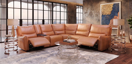 Senna Camel 6 Piece Leather Zero Gravity Dual Power Sectional with Left and Right Arm Facing Recliners and Cooling Console