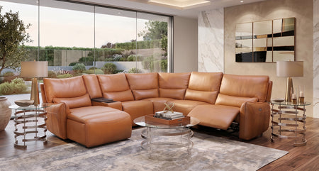 Senna Camel 6 Piece Leather Zero Gravity Dual Power Sectional with Left Arm Facing Chaise and Cooling Console