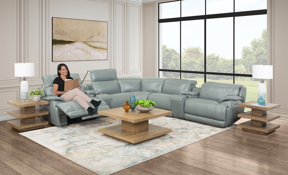 Seccional reclinable eléctrico dual de cuero Hawkins Green de 7 piezas