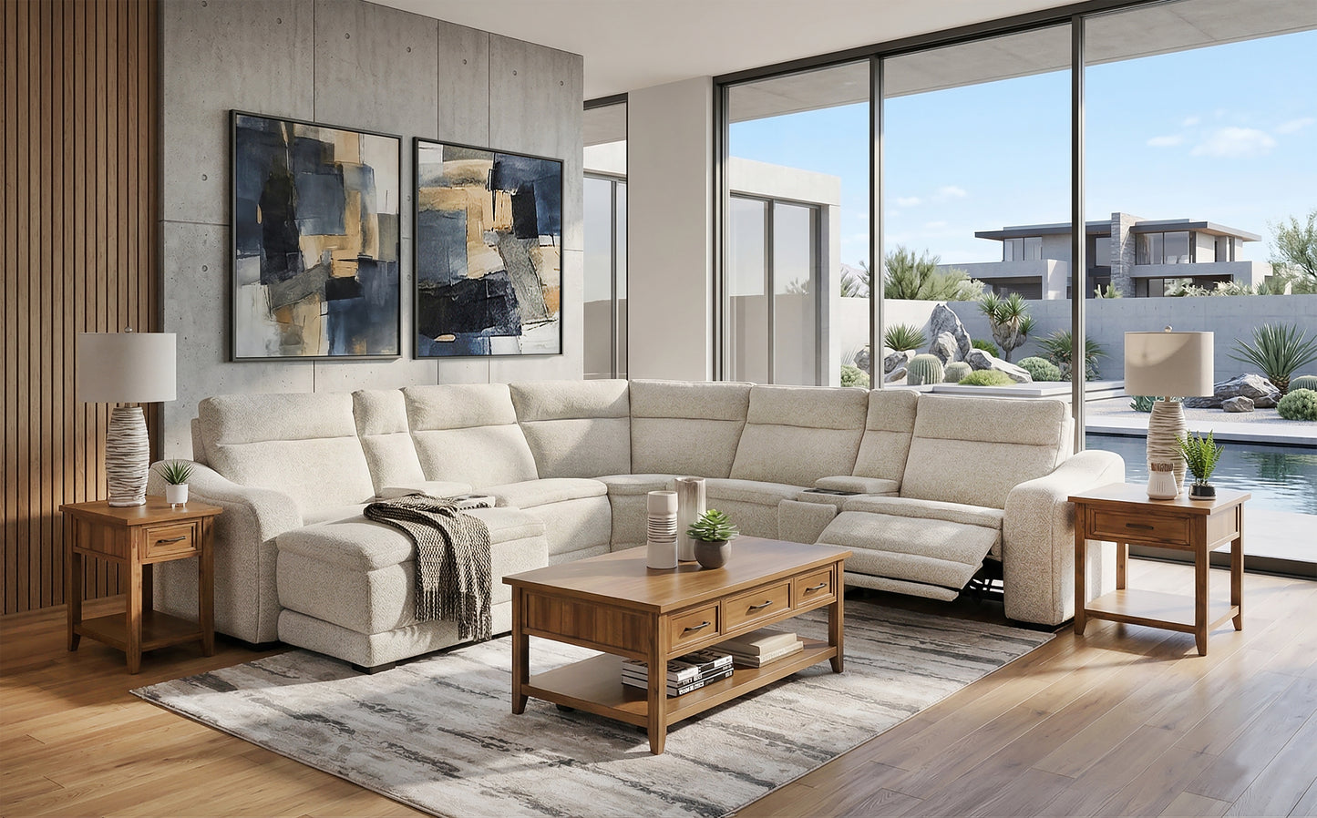 Gizmo 7 Piece Dual Power Reclining Sectional with Left Arm Facing Chaise and Drop Down Table
