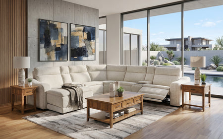 Gizmo 7 Piece Dual Power Reclining Sectional with Left Arm Facing Chaise and Drop Down Table