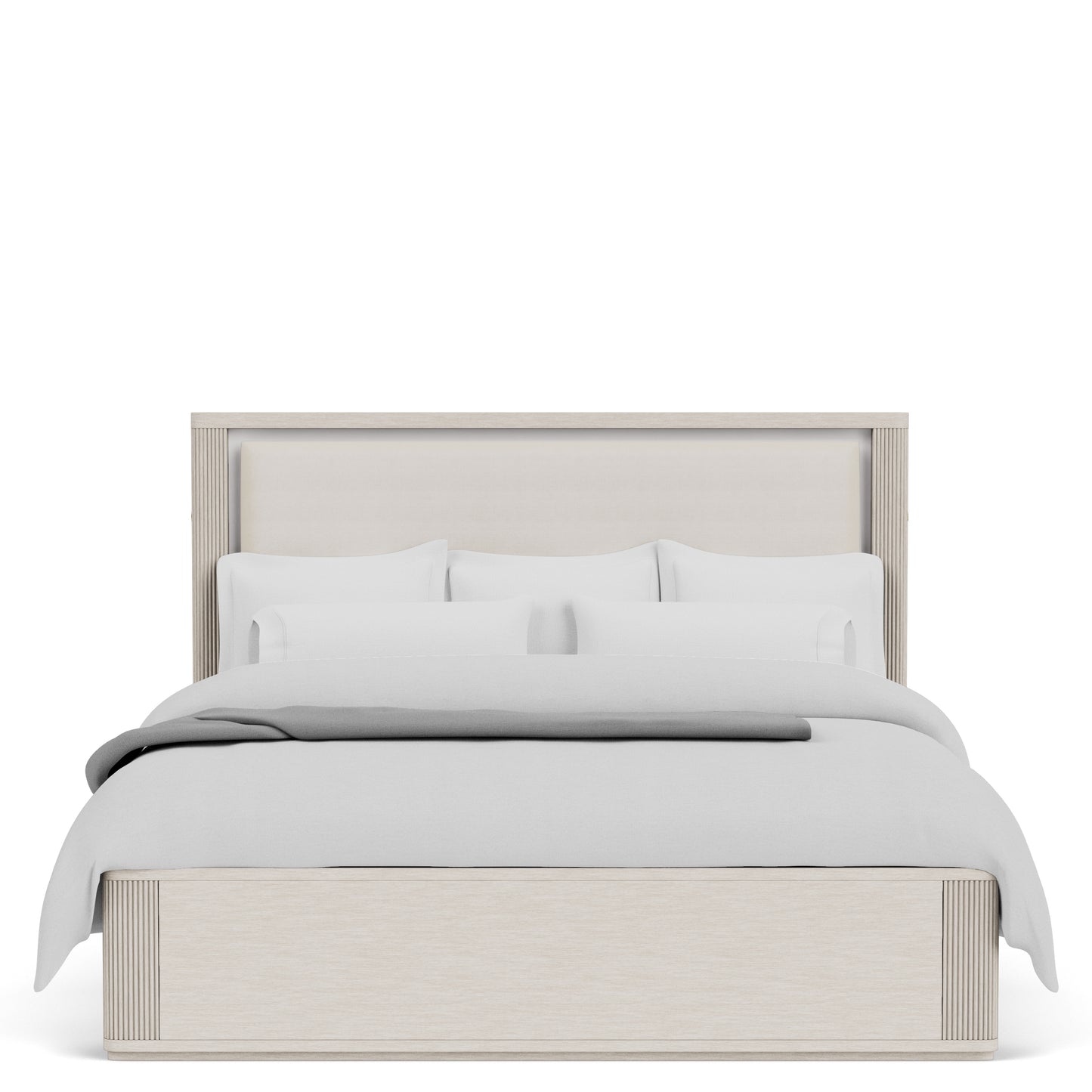 Beige upholstered bed with white bedding on a white background