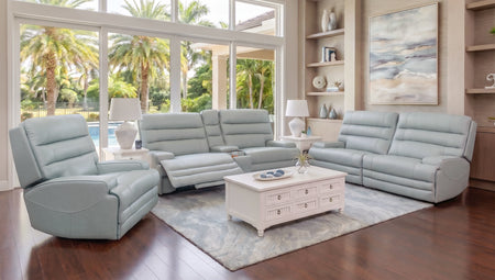 Hero Aqua 3 Piece Leather Zero Gravity Triple Power Console Sofa, Loveseat, and Recliner
