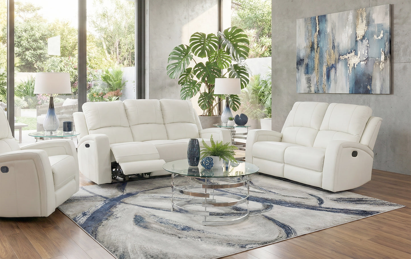 Aria White 3 Piece Leather Reclining Sofa, Leather Reclining Loveseat, and Leather Zero Gravity Dual Power Recliner