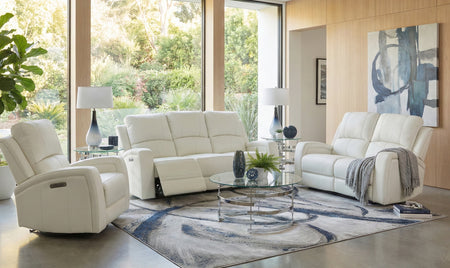 Aria White 3 Piece Zero Gravity Dual Power Leather Reclining Sofa, Leather Reclining Console Loveseat, and Leather Recliner