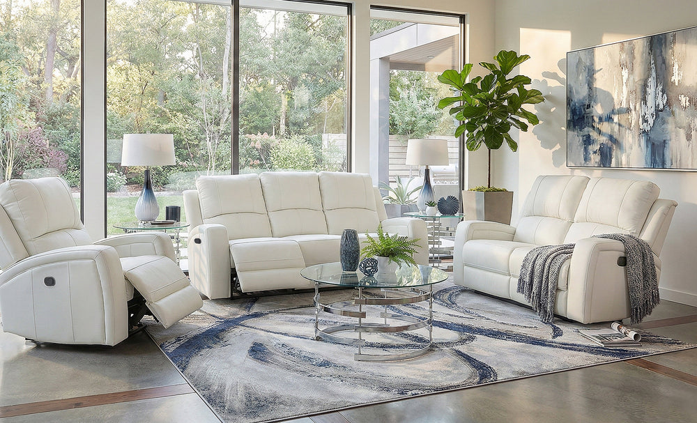 Aria White 3 Piece Leather Reclining Sofa, Leather Reclining Console Loveseat, and Leather Zero Gravity Dual Power Recliner