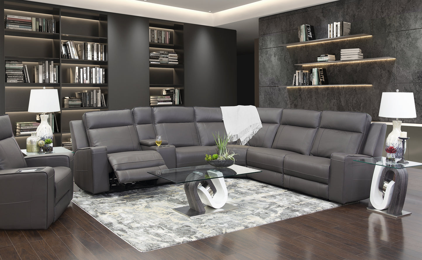 Avenger Dark Grey II 6 Piece Leather Triple Power Sectional