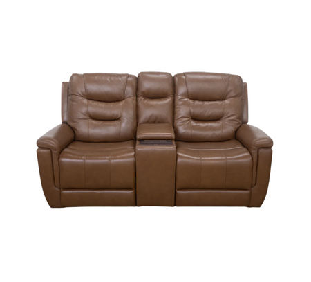 Sofá de dos plazas con consola eléctrica y reposacabezas eléctrico de cuero Camel de Abbott