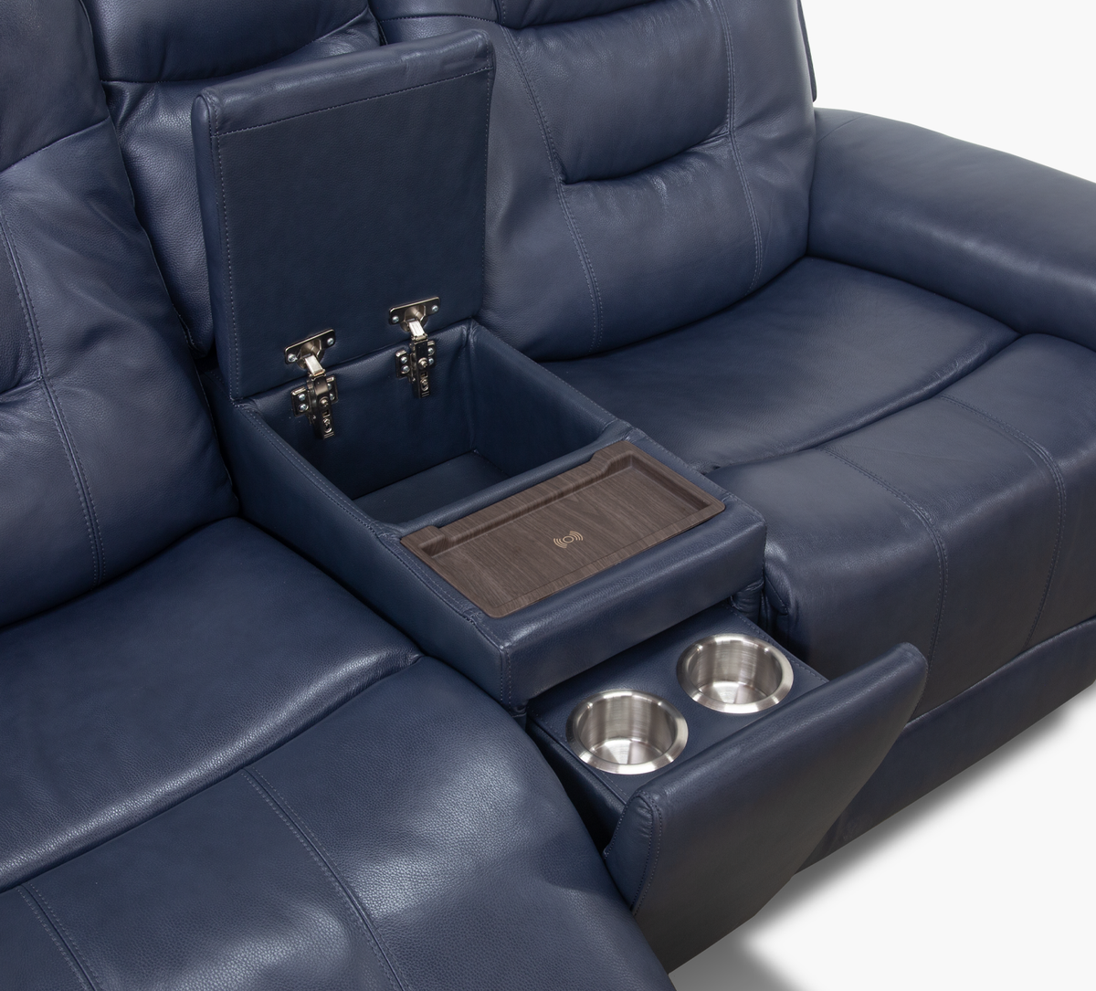 Abbott Navy Leather Power Console Loveseat with Power Headrest – Kane's ...