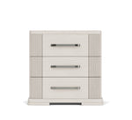 Three-drawer nightstand with decorative paneling on a white background