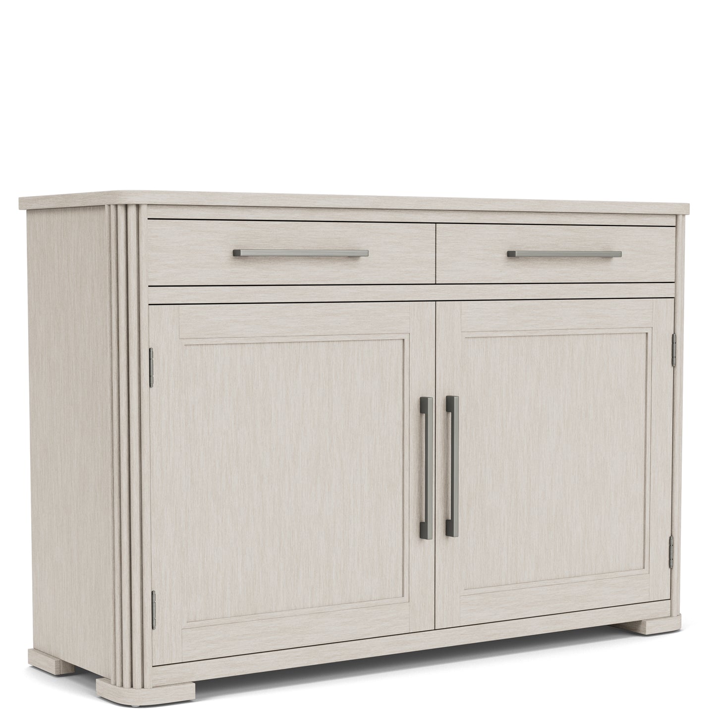 Light gray sideboard with two doors and two drawers on a white background