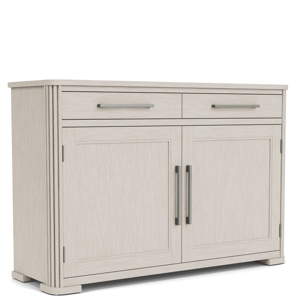 Light gray sideboard with two doors and two drawers on a white background