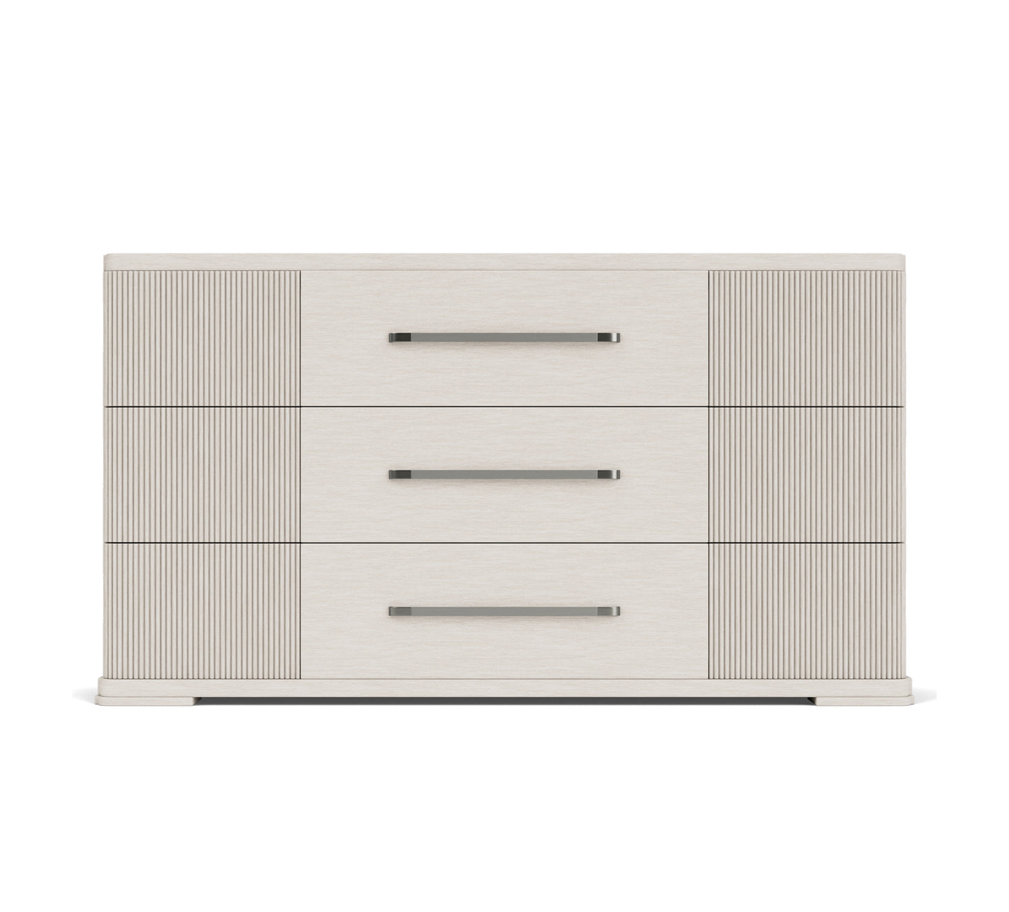 Beige dresser with three drawers on a white background