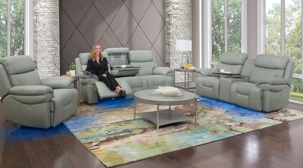 Bishop Jade 3 Piece Leather Zero Gravity Triple Power Sofa with Drop Down Table, Console Loveseat, and Recliner