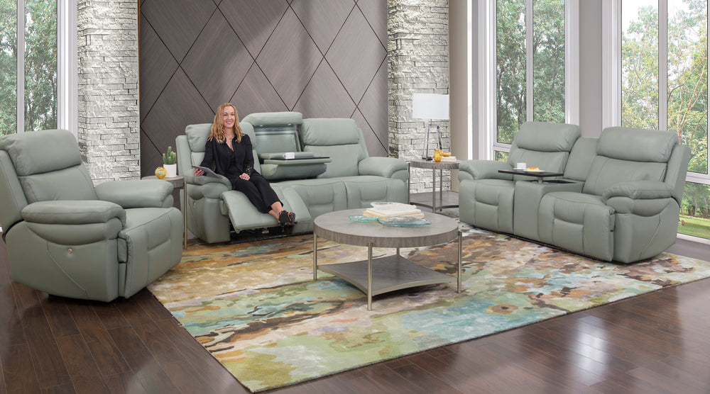 Bishop Jade 3 Piece Leather Zero Gravity Triple Power Sofa with Drop Down Table, Console Loveseat, and Recliner