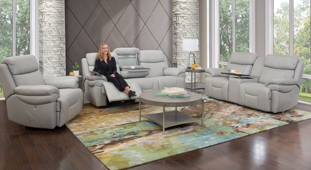 Bishop Silver 3 Piece Leather Zero Gravity Triple Power Reclining Sofa with Drop Down Table, Console Loveseat, and Recliner