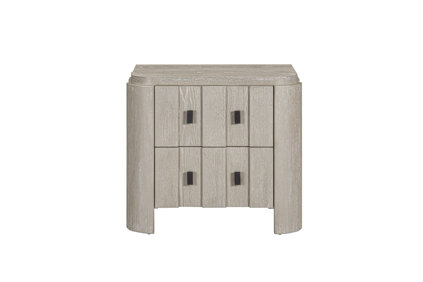 Gray wooden side table with three drawers on a white background