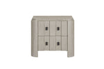 Gray wooden side table with three drawers on a white background