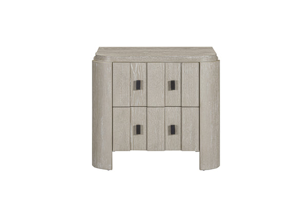 Gray wooden side table with three drawers on a white background