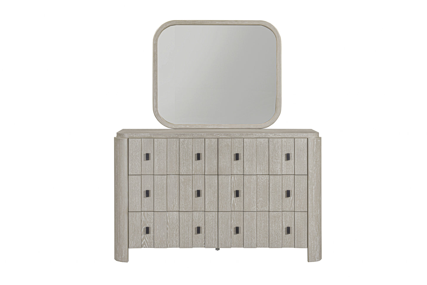 Wooden dresser with a matching mirror on a white background
