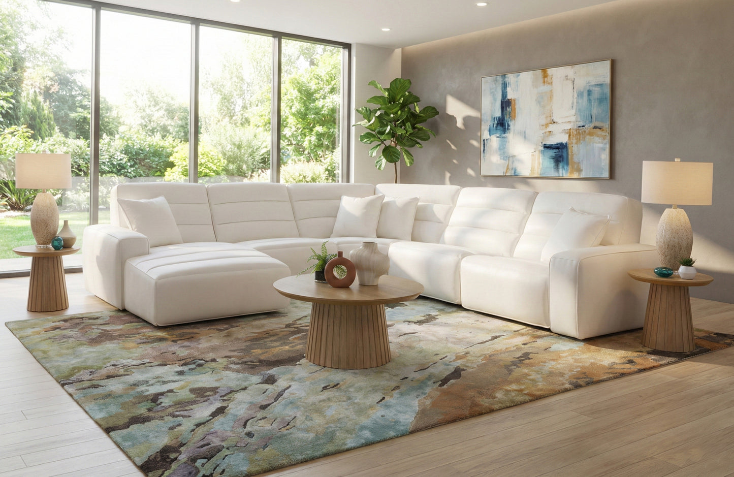 Cabretta 5 Piece Power Reclining Sectional with a Right Arm Facing Dual Power Recliner, an Armless Chair, a Wedge, an Armless Dual Power Recliner, and a Left Arm Facing Chaise