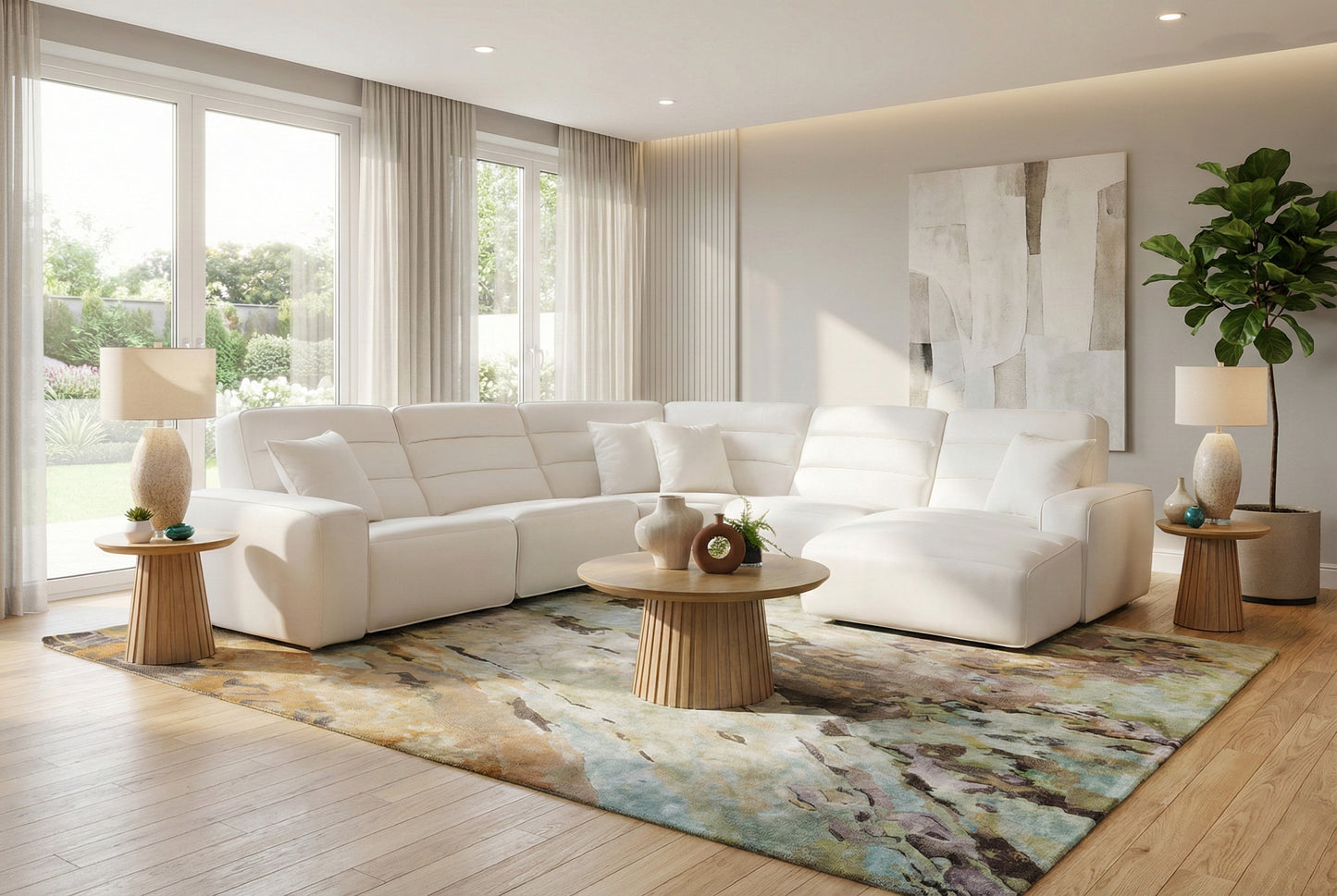 Cabretta 5 Piece Power Reclining Sectional with a Left Arm Facing Dual Power Recliner, an Armless Chair, a Wedge, an Armless Dual Power Recliner, and a Right Arm Facing Chaise